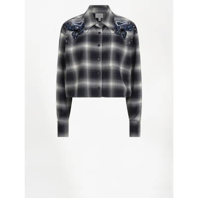 DANTE 6 - Eason Embellished Check Cropped Shirt | Nocturnal Blue  DANTE 6 - Eason Embellished Check Cropped Shirt | Nocturnal Blue