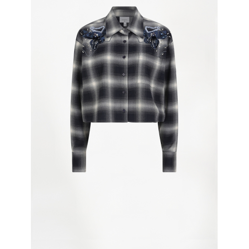 DANTE 6 - Eason Embellished Check Cropped Shirt | Nocturnal Blue  DANTE 6 - Eason Embellished Check Cropped Shirt | Nocturnal Blue