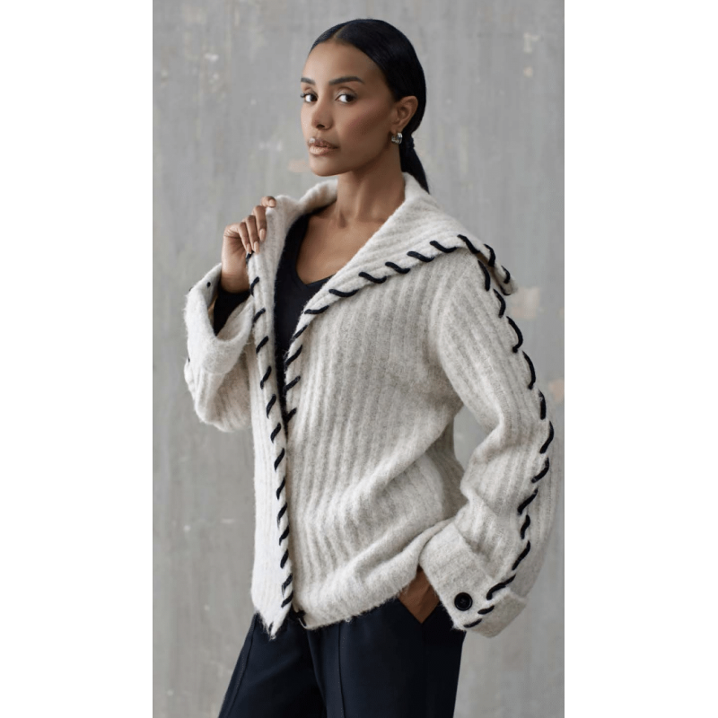 ICONIQUE - Artisan Knit Cardigan with Contrast Stitching – Cream